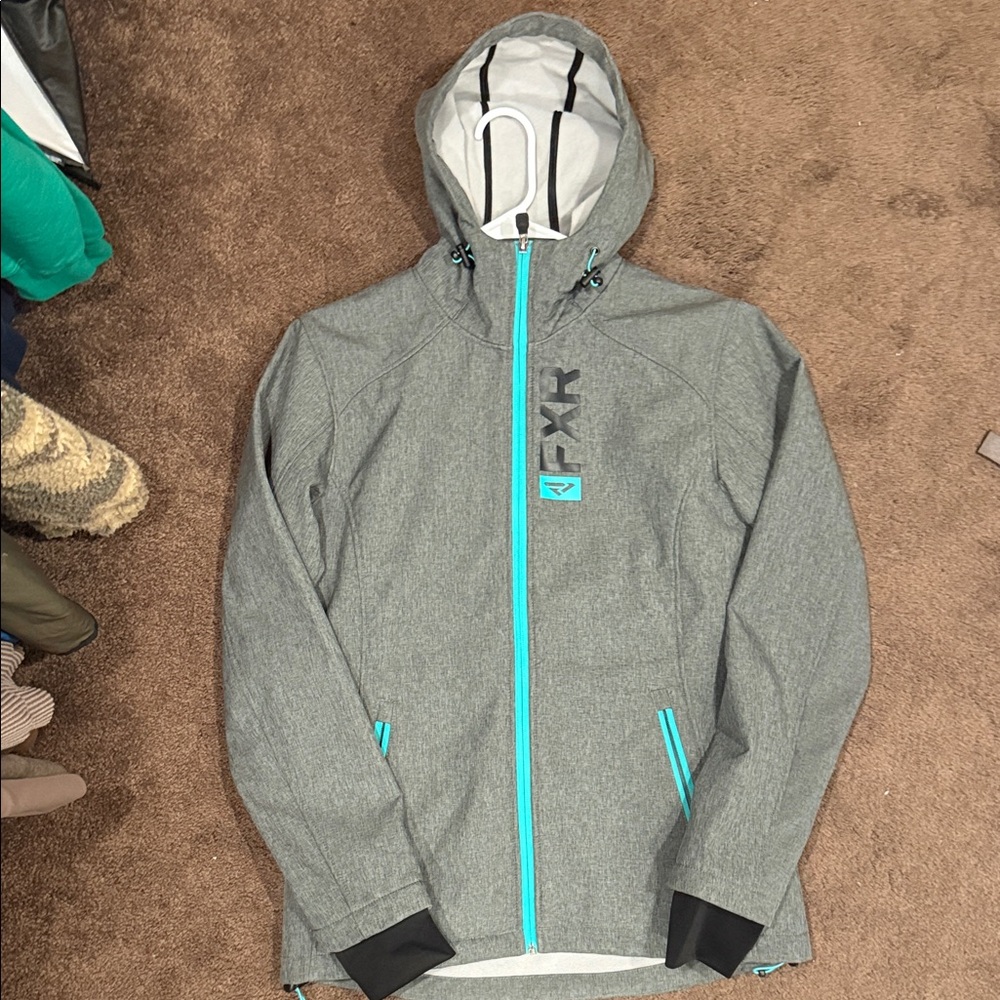 Gray Hooded Jacket with Blue Accents